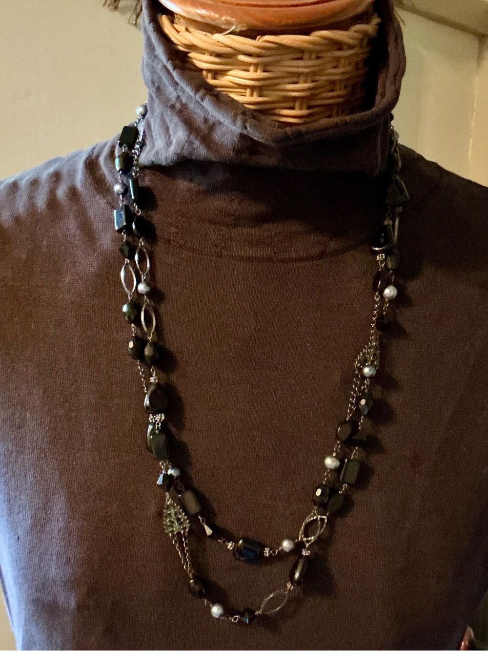 Long Double-Strand Black Bead and Chain Necklace - Women Jewelry